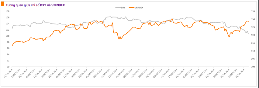 Tổng quan giữa DXY v&agrave; VN-Index. Nguồn: TPS