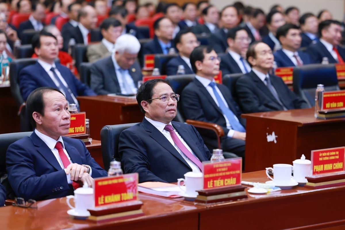 Thủ tướng Phạm Minh Chính đến dự Lễ công bố các nghị quyết, quyết định của Trung ương về sáp nhập đơn vị hành chính cho thành phố Hải Phòng. Ảnh: Dương Giang-TTXVN