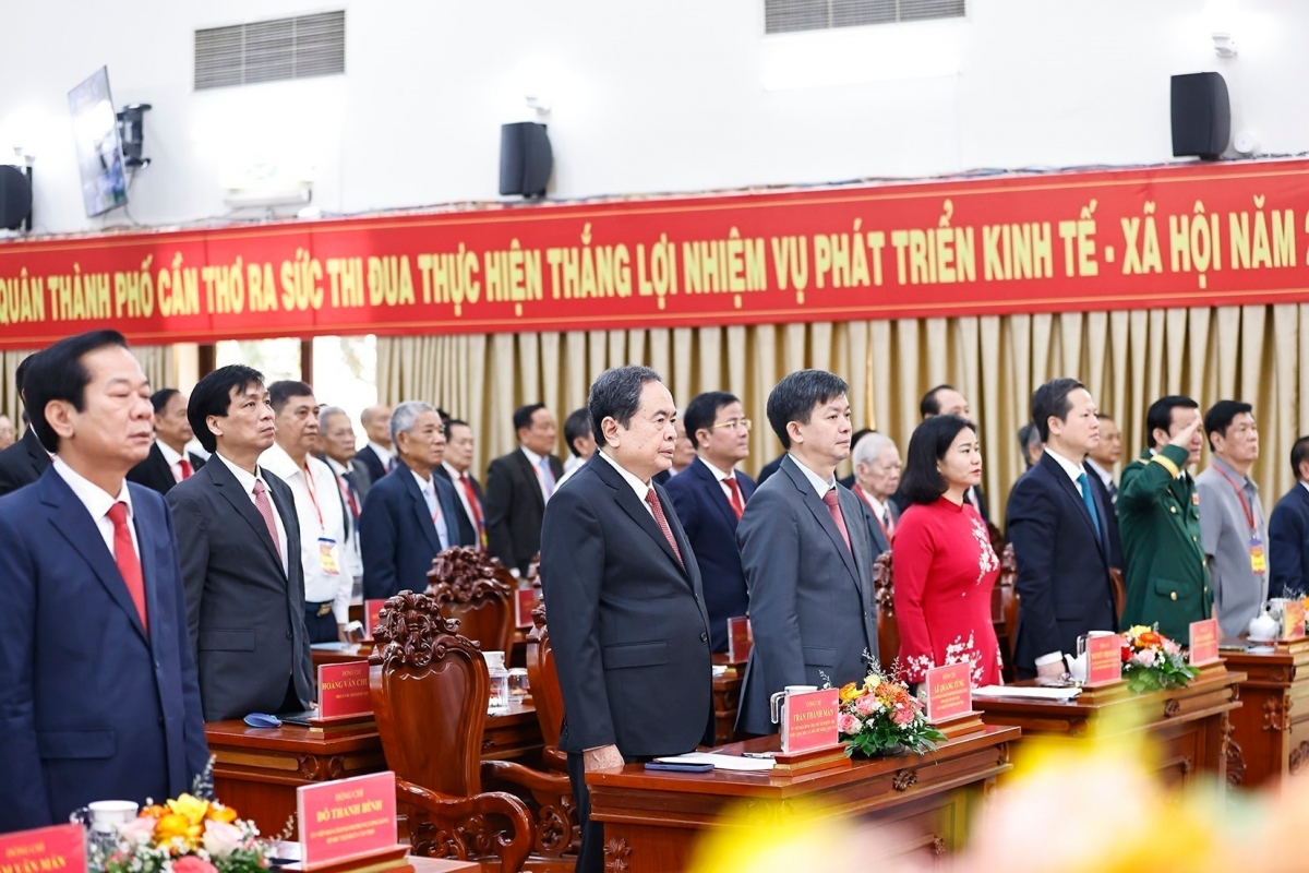 Chủ tịch Quốc hội Trần Thanh Mẫn dự Lễ Công bố Nghị quyết tại điểm cầu Cần Thơ. Ảnh: TTXVN