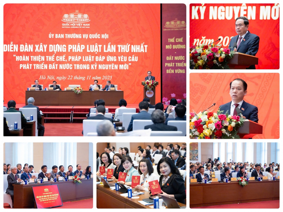 Ủy viên Bộ Chính trị, Chủ tịch Quốc hội Trần Thanh Mẫn chủ trì và phát biểu khai mạc Diễn đàn xây dựng pháp luật lần thứ nhất với chủ đề “Hoàn thiện thể chế, pháp luật đáp ứng yêu cầu phát triển đất nước trong kỷ nguyên mới”. Chủ nhiệm Ủy ban Pháp luật và Tư pháp Hoàng Thanh Tùng trình bày Báo cáo đề dẫn Diễn đàn. Ảnh: Vũ Hiếu - Cao Hoàng