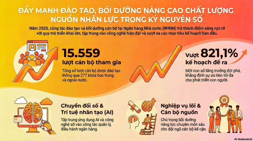 Năm 2025, công tác đào tạo và bồi dưỡng cán bộ tại NHNN trở thành điểm sáng với quy mô triển khai lớn, tập trung vào công nghệ hiện đại và vượt xa các mục tiêu kế hoạch ban đầu (Nguồn: NHNN) Năm 2025, công tác đào tạo và bồi dưỡng cán bộ tại NHNN trở thành điểm sáng với quy mô triển khai lớn, tập trung vào công nghệ hiện đại và vượt xa các mục tiêu kế hoạch ban đầu (Nguồn: NHNN)